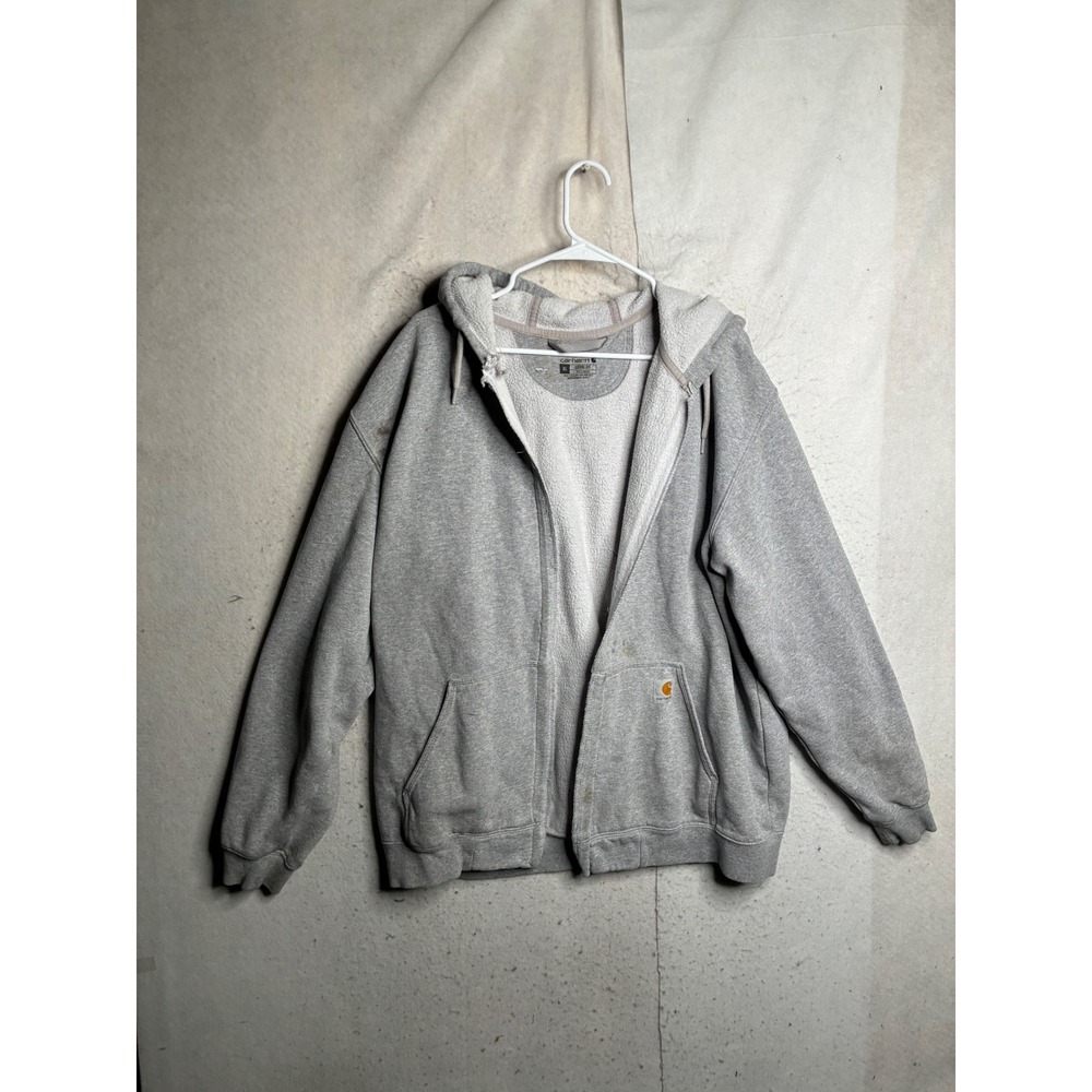Carhartt Mens XL Loose Fit Thermal Lined Full Zip Hoodie Grey Distressed 9061